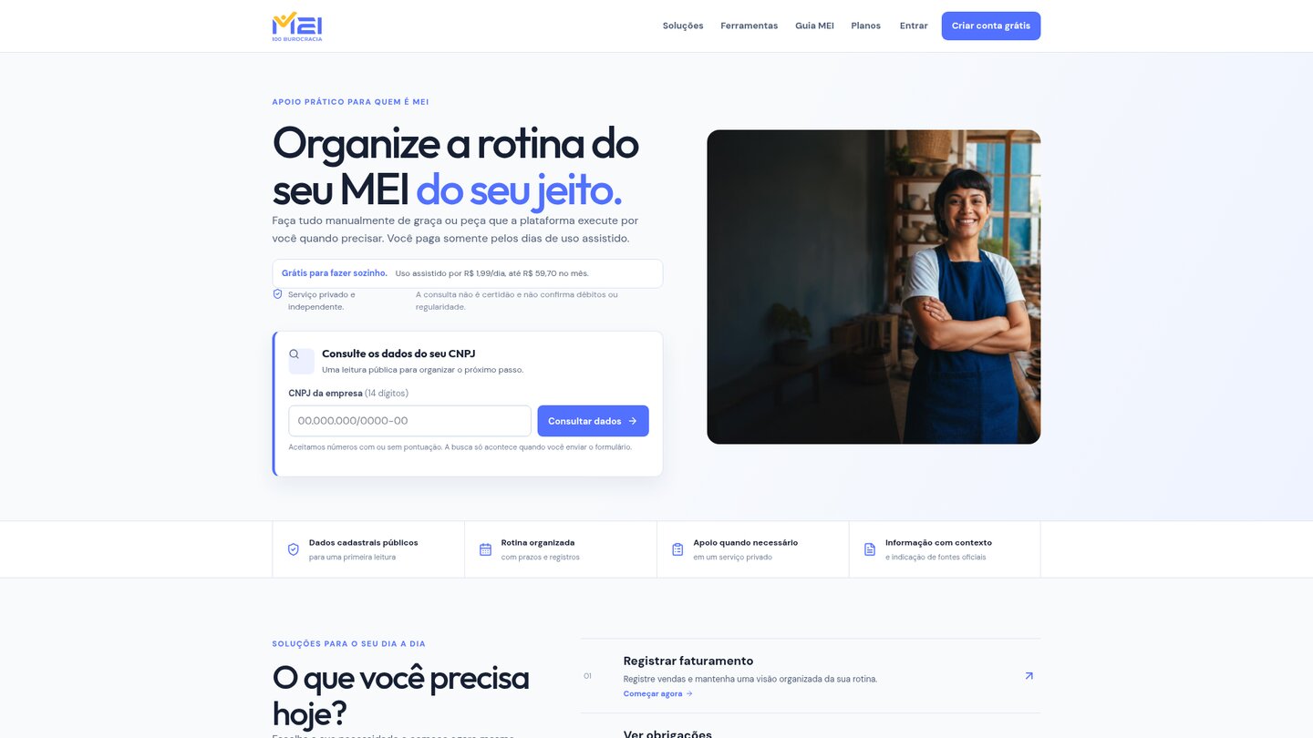 Captura da página pública do MEI 100 Burocracia